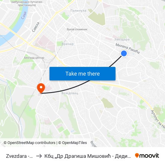 Zvezdara - Pijaca to Кбц „Др Драгиша Мишовић - Дедиње“ Комплекс Б map