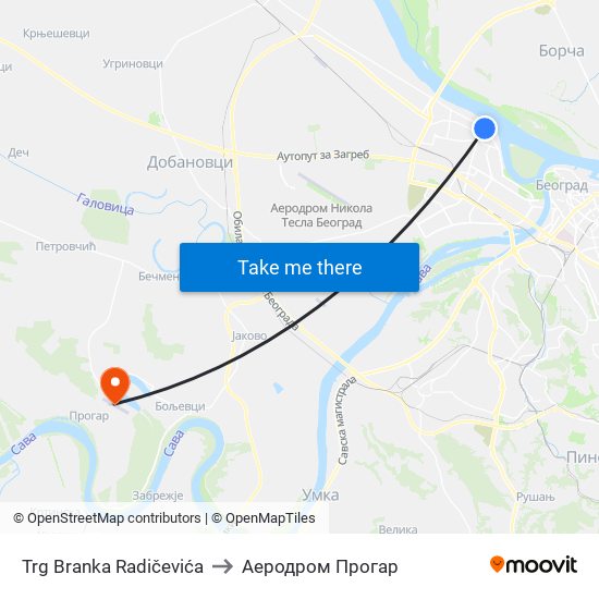 Trg Branka Radičevića to Аеродром Прогар map