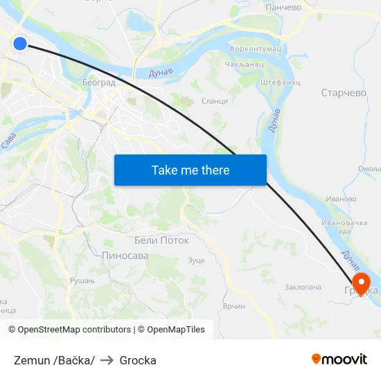 Zemun /Backa/ to Grocka map