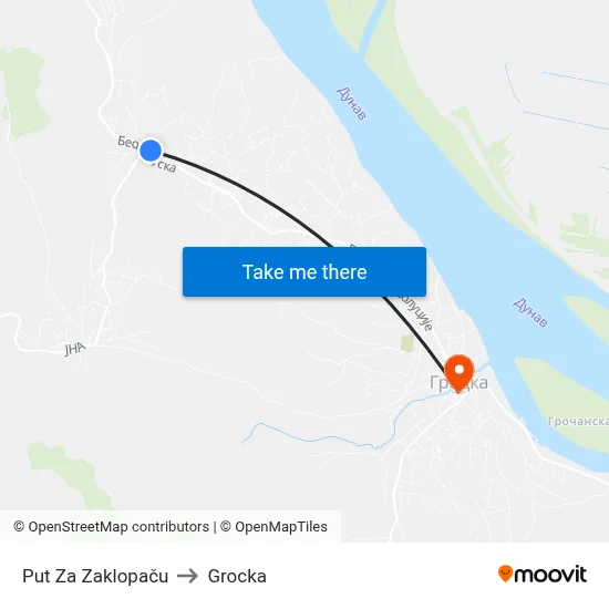 Road to Zaklopaca to Grocka map