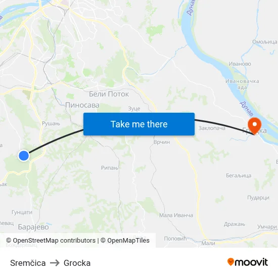 Sremčica to Grocka map