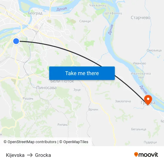 Kijevska to Grocka map