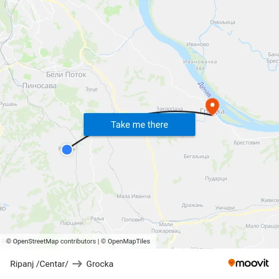 Ripanj /Centar/ to Grocka map