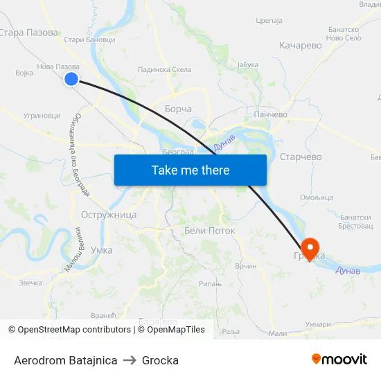 Batajnica Airport to Grocka map