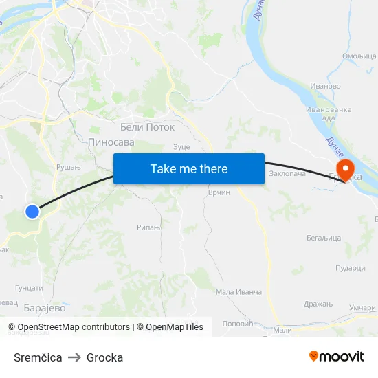 Sremcica to Grocka map