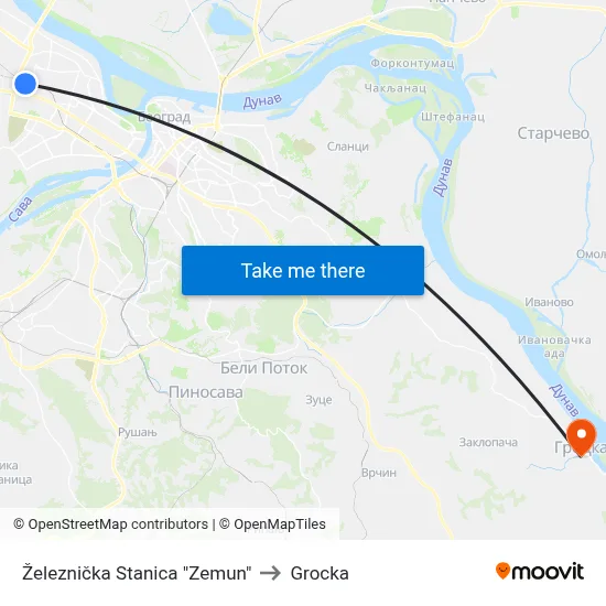 Railway Station "Zemun" to Grocka map