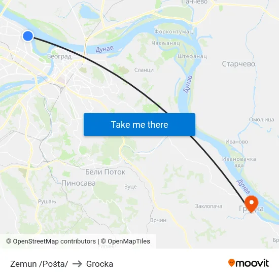 Zemun /Pošta/ to Grocka map