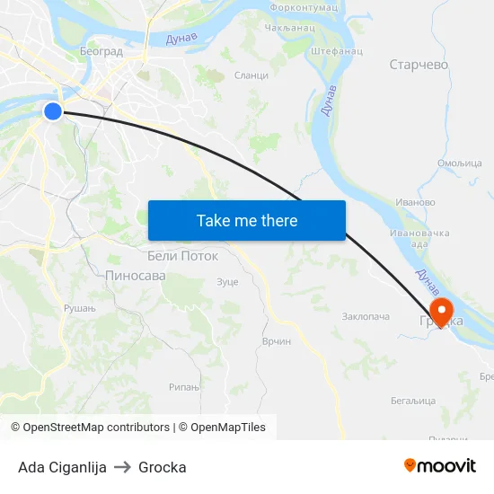 Ada Ciganlija to Grocka map
