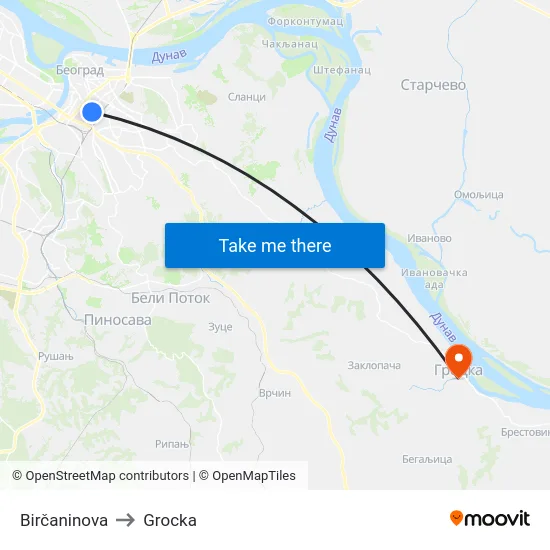 Birčaninova to Grocka map