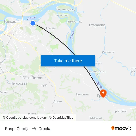 Rospi Cuprija to Grocka map