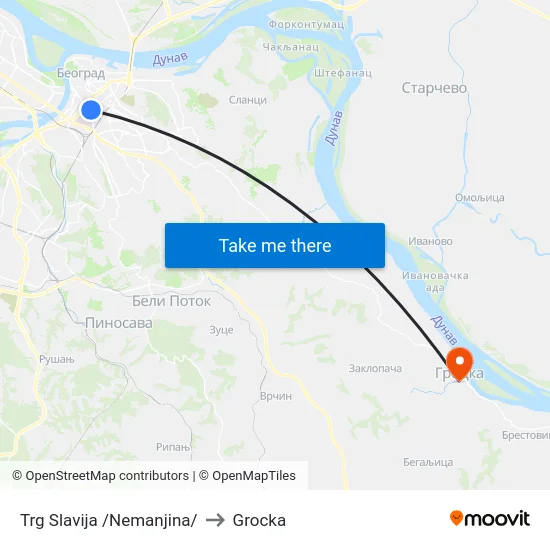 Trg Slavija /Nemanjina/ to Grocka map