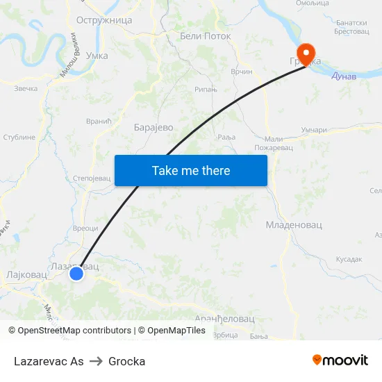 Lazarevac Bus Station to Grocka map