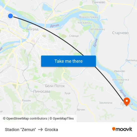 Stadion "Zemun" to Grocka map
