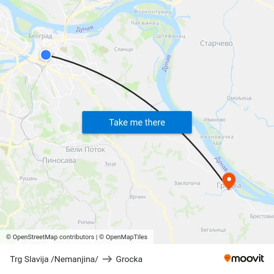 Trg Slavija /Nemanjina/ to Grocka map