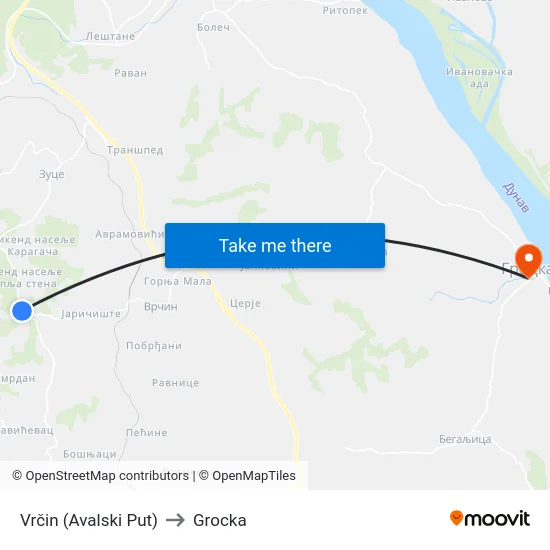 Vrčin (Avalski Put) to Grocka map