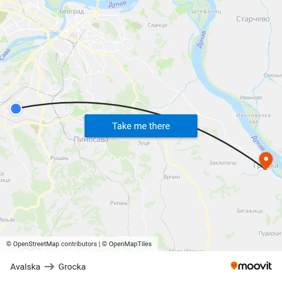 Avalska to Grocka map