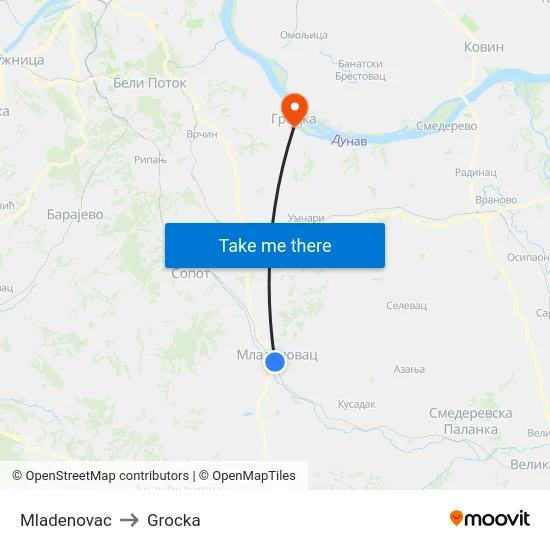 Mladenovac to Grocka map