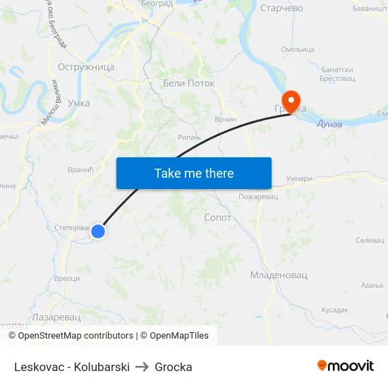 Leskovac - Kolubarski to Grocka map