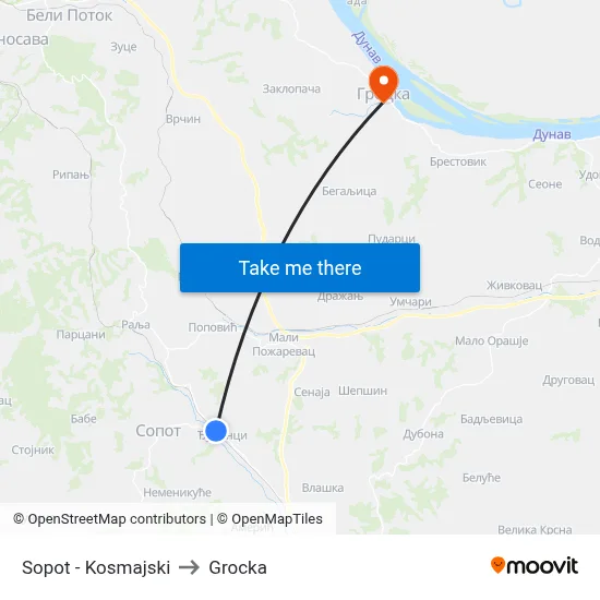 Sopot - Kosmajski to Grocka map
