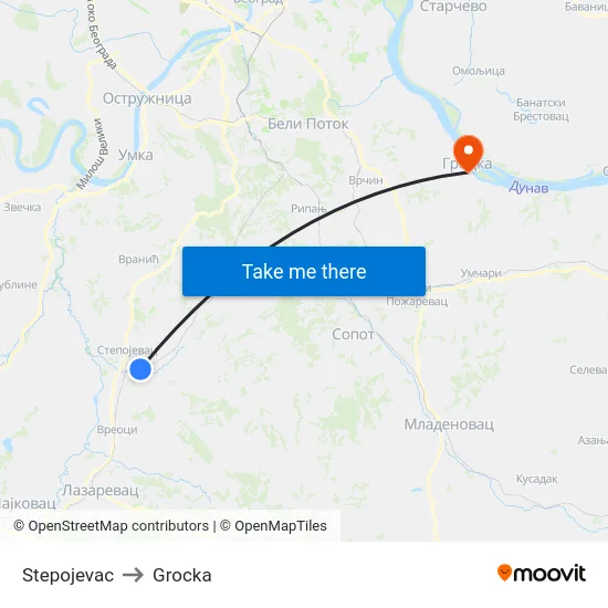 Stepojevac to Grocka map