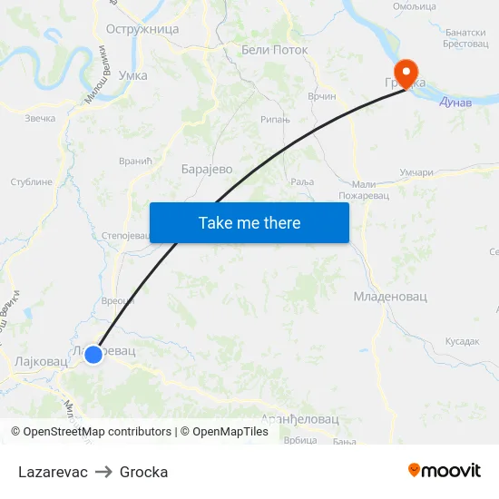 Lazarevac to Grocka map
