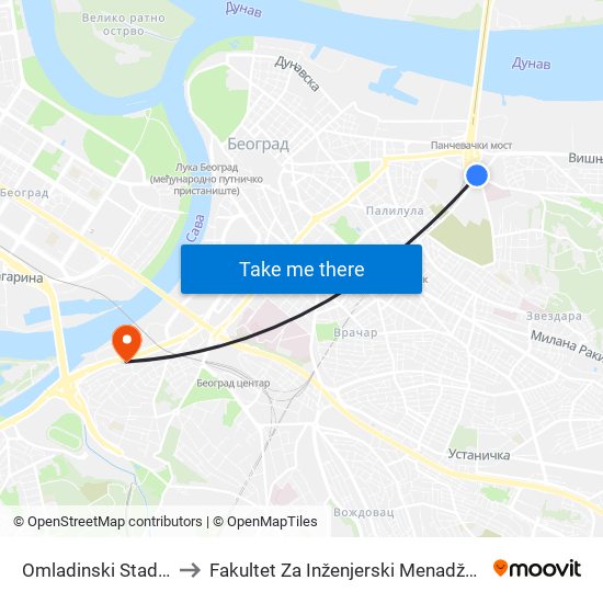 Omladinski Stadion to Fakultet Za Inženjerski Menadžment map