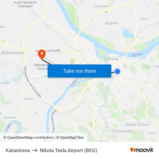 Katanićeva to Nikola Tesla Airport (BEG) map