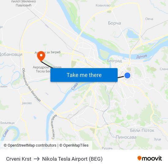 Crveni Krst to Nikola Tesla Airport (BEG) map