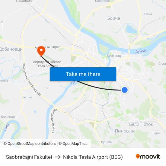 Saobraćajni Fakultet to Nikola Tesla Airport (BEG) map