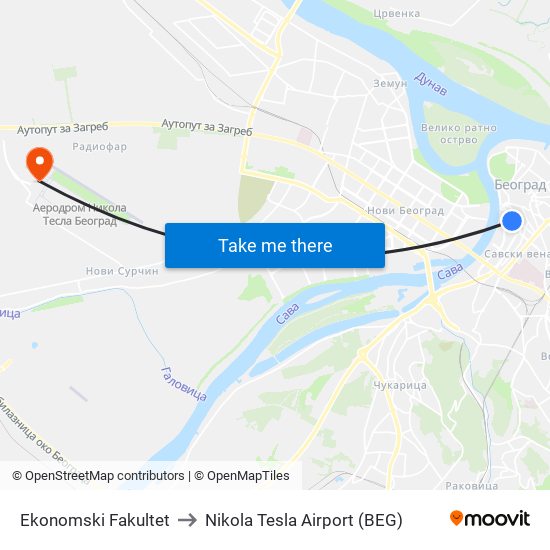 Ekonomski Fakultet to Nikola Tesla Airport (BEG) map