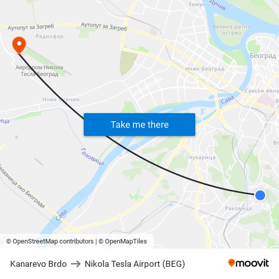 Kanarevo Brdo to Nikola Tesla Airport (BEG) map