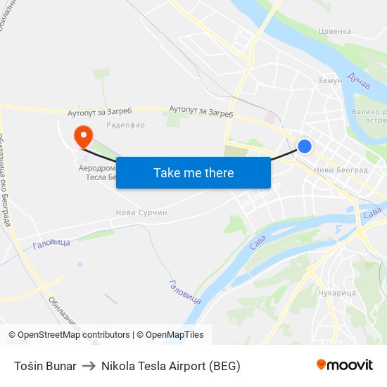 Tošin Bunar to Nikola Tesla Airport (BEG) map