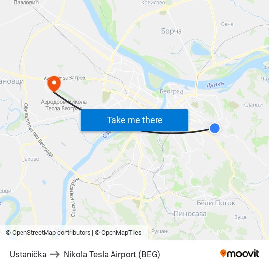 Ustanička to Nikola Tesla Airport (BEG) map