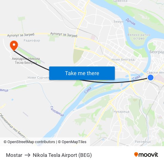 Mostar to Nikola Tesla Airport (BEG) map