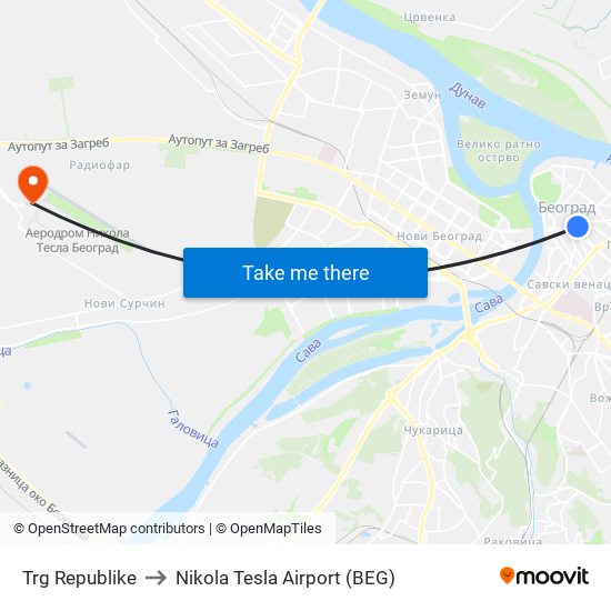 Trg Republike to Nikola Tesla Airport (BEG) map