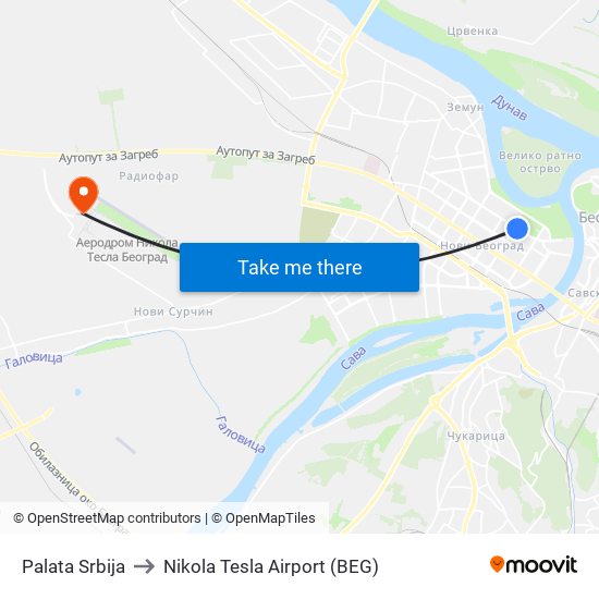 Palata Srbija to Nikola Tesla Airport (BEG) map