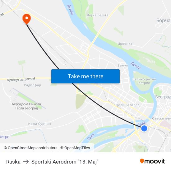 Ruska to Sportski Aerodrom "13. Maj" map