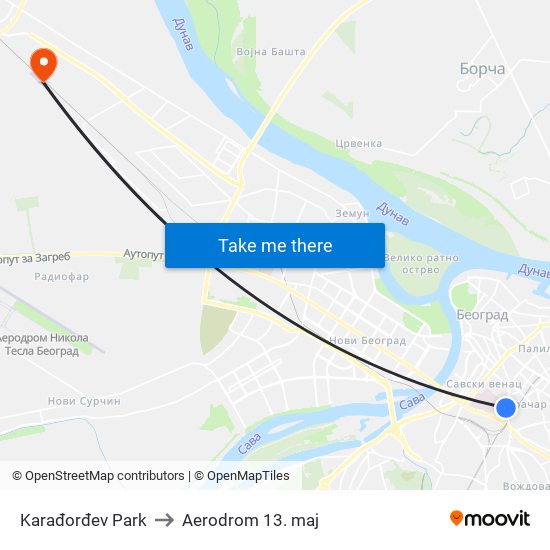 Karađorđev Park to Aerodrom 13. maj map