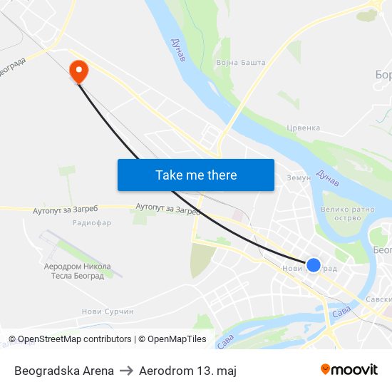 Beogradska Arena to Aerodrom 13. maj map