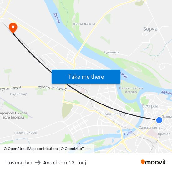 Tašmajdan to Aerodrom 13. maj map