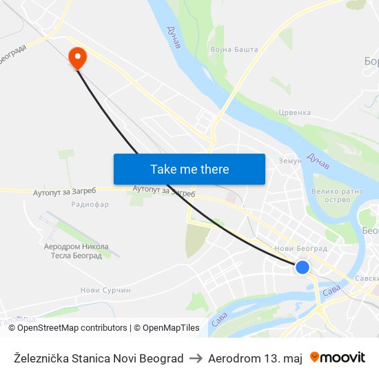 Železnička Stanica Novi Beograd to Aerodrom 13. maj map