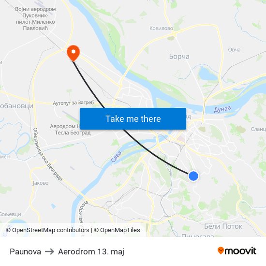 Paunova to Aerodrom 13. maj map