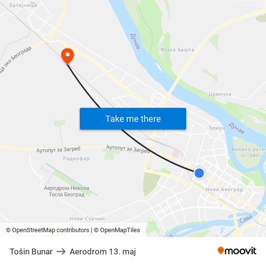 Tošin Bunar to Aerodrom 13. maj map