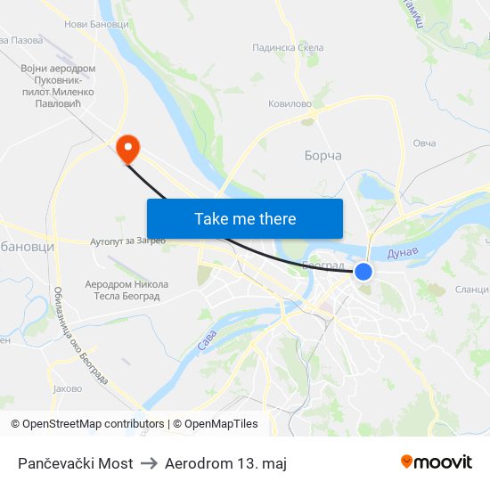 Pančevački Most to Aerodrom 13. maj map