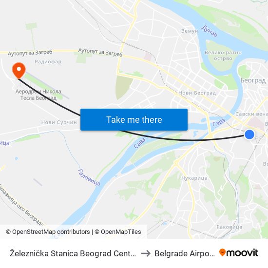 Železnička Stanica Beograd Centar to Belgrade Airport map