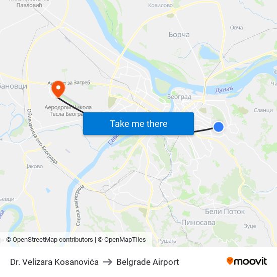 Dr. Velizara Kosanovića to Belgrade Airport map