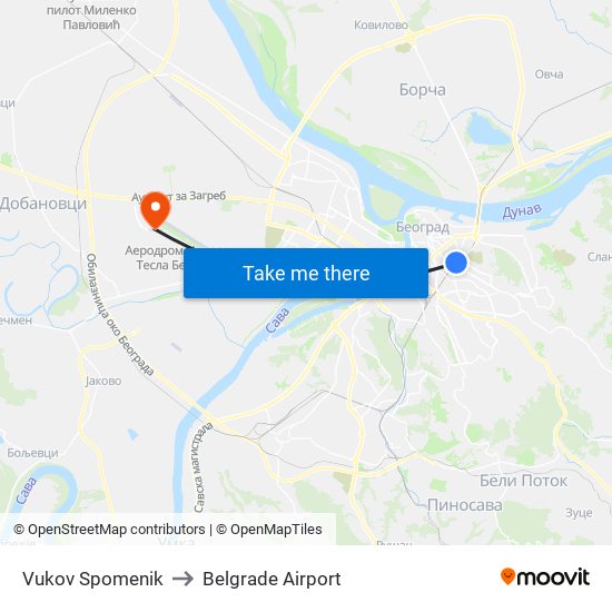 Vukov Spomenik to Belgrade Airport map