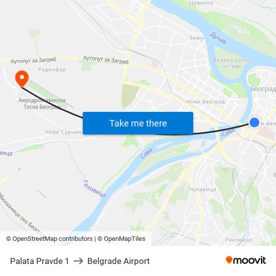 Palata Pravde 1 to Belgrade Airport map