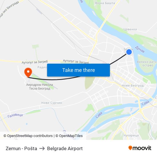 Zemun - Pošta to Belgrade Airport map