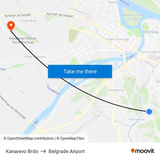 Kanarevo Brdo to Belgrade Airport map